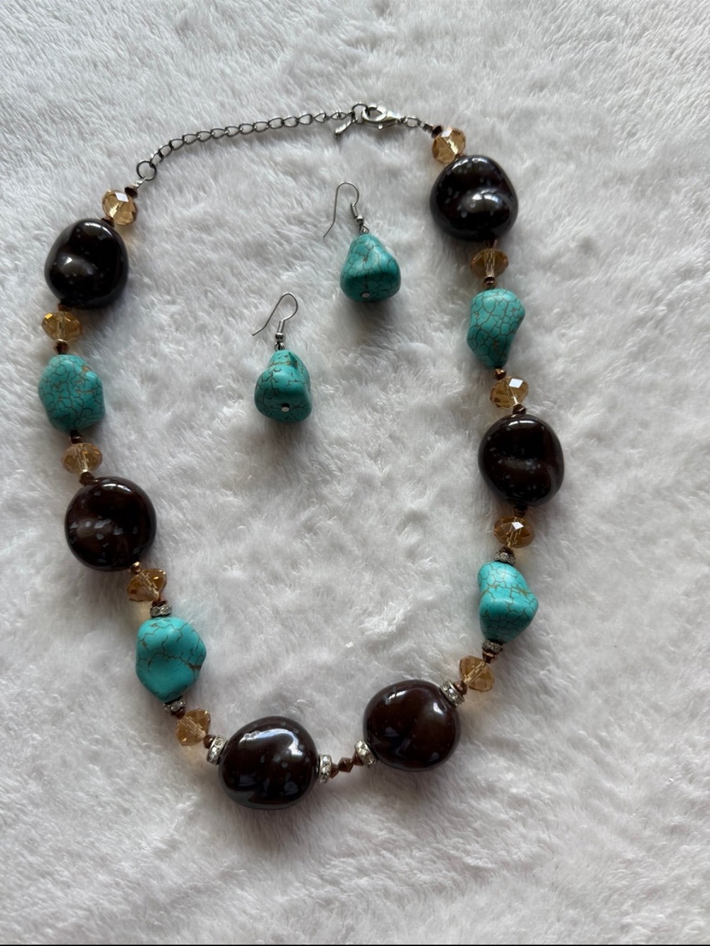 Turquoise and Brown Bead Necklace with Matching Turquoise Earrings